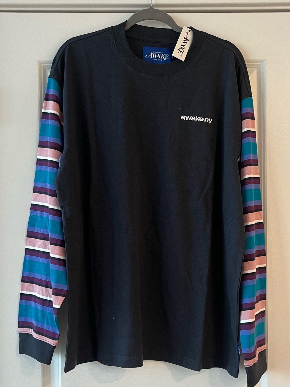 Awake NY Navy Long-Sleeve Tee with Striped Sleeves